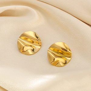 18K gold plated stainless steel round earrings with irregular ruffled wave pattern