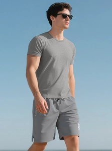 Detail of men's heavy cotton Henley T-shirt with textured ribbing and slim fit design