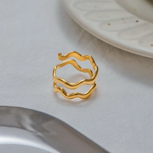 Minimalist double-layered wavy gold ring with 18K stainless steel and adjustable opening