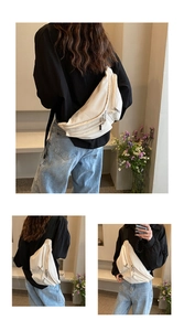 Multiple views of an off-white large capacity crossbody chest bag with wide straps