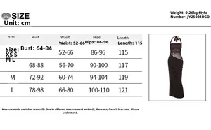Detailed size chart for mesh halter dress including bust, waist, hips, and length data
