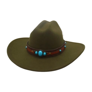 Detail view of olive green wide brim fedora with turquoise beads on a brown hat band