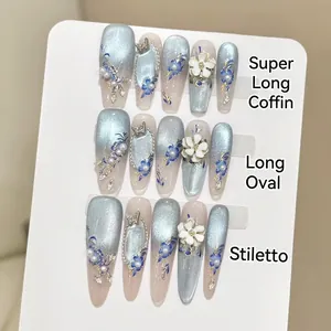 Handmade Blue Cat Eye Press On Nails With 3D Embossed Flowers Artificial Pearls Silver Butterfly Elegant Reusable Long Stiletto
