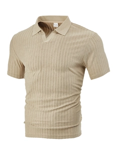 Men's striped short sleeve polo shirt in beige jacquard with a breathable V-neck design