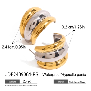 Detail view of wavy stainless steel hoop earrings showing size and weight specifications