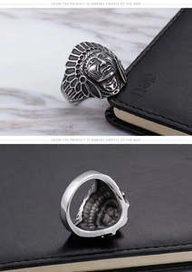 Detailed view of vintage Indian chief portrait ring with oxidized silver finish steel