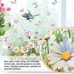 Detail of static cling window film with double-sided floral patterns and daisy textures