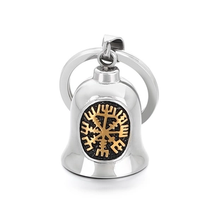 Porte-clés clochette argentée avec boussole viking dorée et aile d'ange en métal