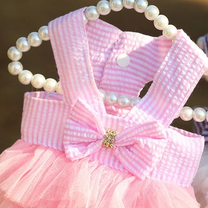 Detail of pink striped pet dress with bow and gold beads on pearl hanger