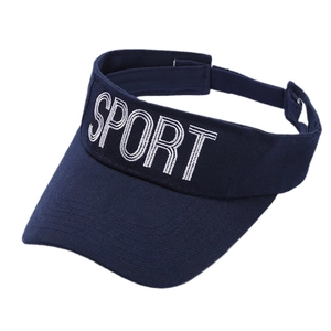 Women's sun visor hat in navy blue with SPORT embroidery and adjustable back strap