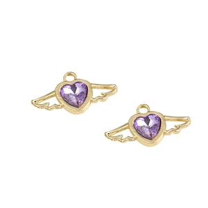 Golden heart pendant with purple crystal and angel wings for DIY jewelry making