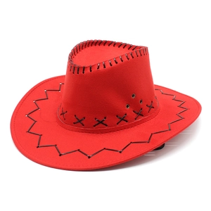 Detail of red cowboy hat with black decorative stitching and rustic metal eyelets