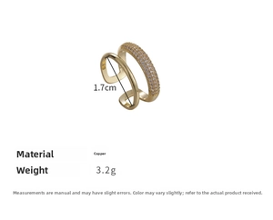 Detail of double-layer gold ring with zircon inlay showing 1.7cm inner diameter and 3.2g weight