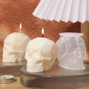 Detail of geometric skull candle with matching translucent silicone DIY mold