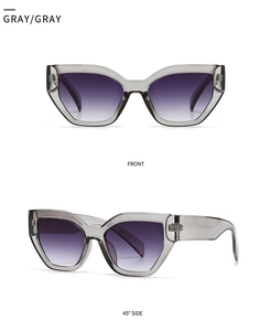 Macro front and 45-degree side views of trendy square cat eye gray gradient sunglasses