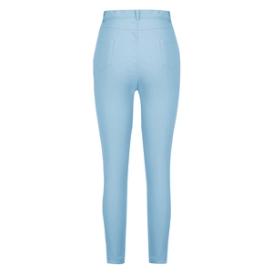 Detail view of the back pockets and stitching on slim-fit light blue stretch denim jeans
