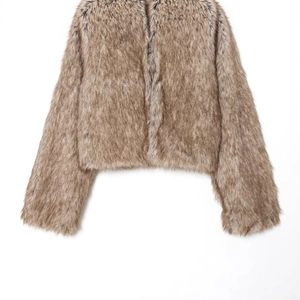 Veste courte en fausse fourrure marron mélangé pour femme au design doux et ouvert