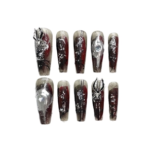 Handmade Gothic long coffin press-on nails with dark bunny 3D metal charms and red galaxy art