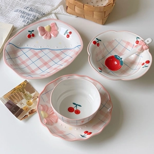 Cute Ceramic Tableware Underglaze Cherry Pattern Pink Checkered Bow Accent Salad Plate Breakfast Bowl Strawberry Spoon
