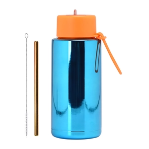 Blue 1L stainless steel water bottle with orange lid and golden straw set for outdoors