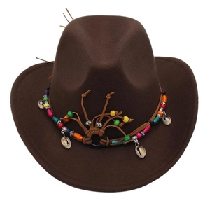 Top view of dark brown cowboy hat featuring colorful beads and shell trim detail