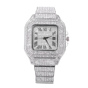 Luxurious square iced out watch with roman numerals and diamond encrusted steel band