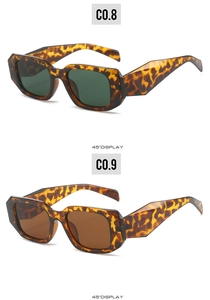 Detail view of stylish square tortoise sunglasses in C0.8 green and C0.9 tea lenses