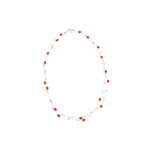 Elegant double-layer gold necklace with red faceted beads and white pearls for women