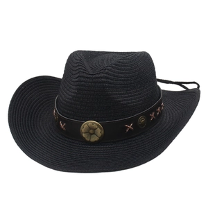 Black straw western cowboy hat with brown leather belt and bronze flower buckle detail