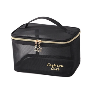 Portable black mesh cosmetic bag with gold Fashion Girl print and star zippers