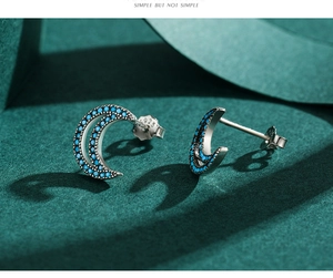 Macro shot of silver crescent moon stud earrings with turquoise stones on green texture