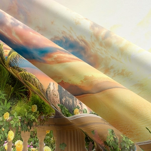 Detail von hochauflösendem Landschaftsdruck und gewebter Stofftextur auf Wandteppichen