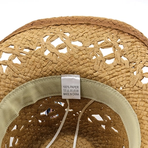 Hollow straw cowboy hat made of 100% paper fiber with internal sweatband details