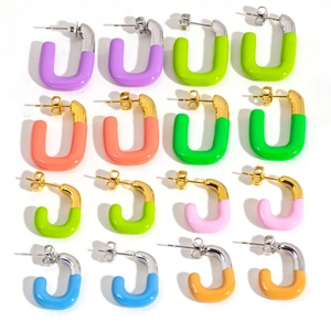 Colorful geometric U-shaped enamel hoop earrings in assorted candy colors with gold metal