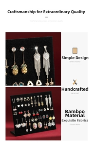 Detail of black velvet earring display board with a premium bamboo wood base structure