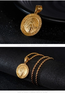 Macro detail of gold Virgin Mary pendant with intricate engraving on a twisted rope chain
