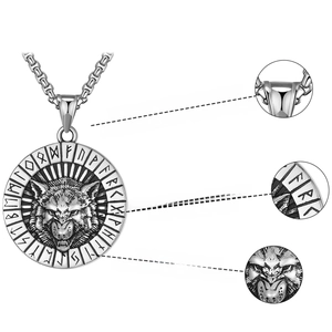 Detail view of viking wolf head pendant necklace with rune carvings and gothic features