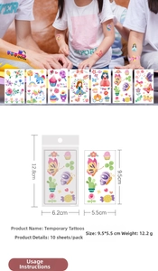 Product details and dimensions for the waterproof cartoon tattoo sticker set for kids