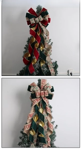 Detail of red and green velvet Christmas tree topper bows with Merry Christmas text