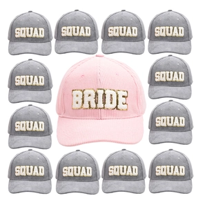 Corduroy baseball cap set including one pink Bride and twelve grey Squad sequin hats