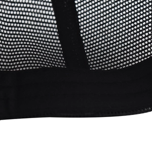 Macro detail of breathable black mesh material and neat stitching on a baseball cap back