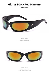 Detail of moon logo on black sports sunglasses with red mirrored lenses shown in two views