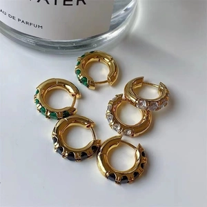 French vintage gold plated brass hoops with inlaid green, white, and black zircon stones