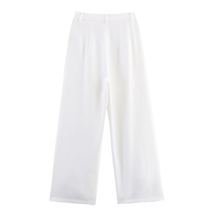 Pantalon élégant blanc à jambe droite avec taille haute et tissu fluide pour femmes