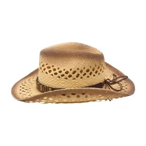 Vintage western cowboy straw hat with breathable hollow weave and studded leather band