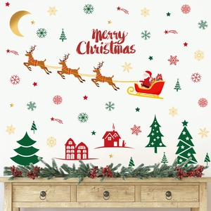 Christmas Wall Stickers PVC Self Adhesive Santa Claus Reindeer Christmas Tree Decals For Home Window Party Holiday Decor