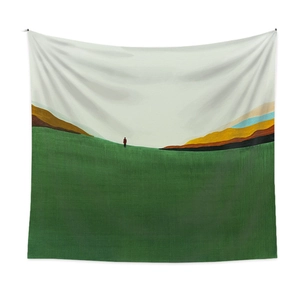 Detailed texture of bohemian landscape tapestry with green fields and colorful hills