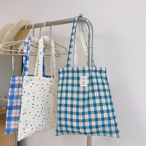 Canvas Tote Bag Women Cotton Shoulder Handbag Large Capacity Plaid Polka Dot Floral Animal Pattern Literary Casual Bag