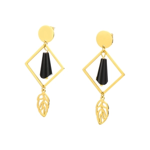 Bohemian gold stainless steel earrings with black geometric bars and hollow leaf charms