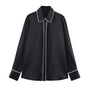 Women Long Sleeve Satin Blouse Contrast Piping Satin Feeling Button Up Shirt Loose Fit Elegant Office Lady Top